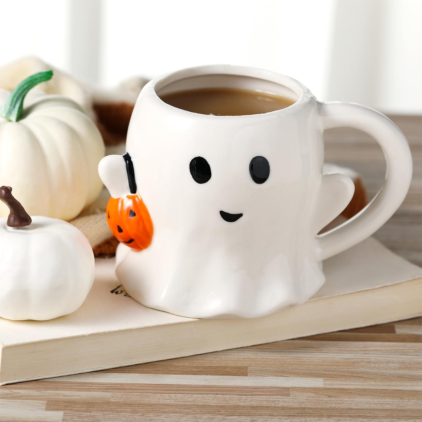 Yiyiring 2 Pcs 12 oz Halloween Ghost Mug Coffee Ceramic Boo Mug with Pumpkin Cute Ghost Face Cup with Handle for Halloween Party Decoration