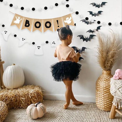 Boo Banner, 4 Pcs Halloween Natural Burlap Bunting Pennant and Cute Felt Ghost with Black White Pom Pom Ball Garland for Farmhouse Shelf Fireplace Mantel Tree Office Classroom Party Hanging Decoration