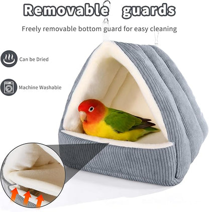 Large Winter Warm Bird House and Bird Bed for Cage with Soft Plush Hanging Hammock & Hut Tent, Hideaway Sleeping Nest for Macaws African Grey Amazon Parrots (Grey, L)