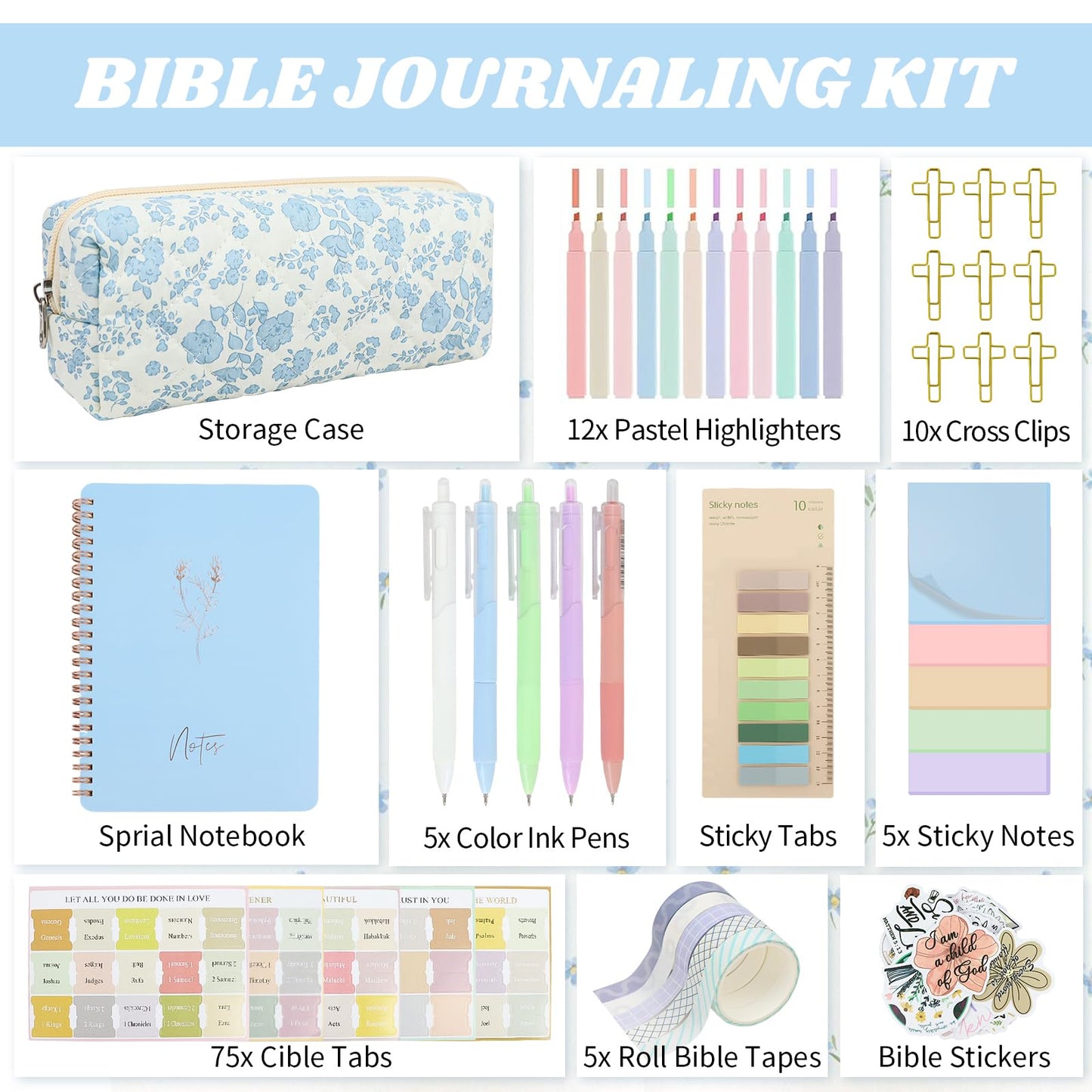 DRANSMIC Bible Study Supplies Journaling Kit with Pen Cas, Tabs, Notebook and No Bleed Highlighter, Aesthetic Book Annotation Kit, Christian Gifts for Women Grils Friends（Blue Flower）