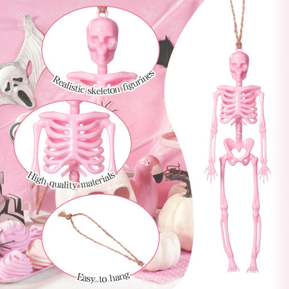 Roowest 36 Pcs Mini Skeleton Figurines Bulk, 6.7 Pink Halloween Skeletons Decor Small Plastic Hanging Skeletons for Halloween Craft Graveyard Haunted House Accessories Party Decor