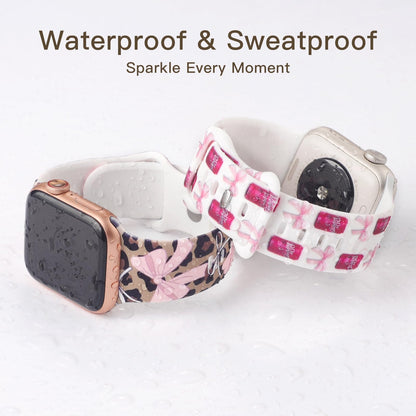 Cute Floral Printed Strap for Apple Watch Bands 38mm 40mm 41mm 42mm 44mm 45mm 46mm 49mm Women, Soft Silicone Leopard Bow Pattern Design Wristbands for iWatch Series 11,10，9, 8,7,6,5,4,3,2,1,SE (Bowknot Cola, 42(Series 11/10)/41/40/38mm)