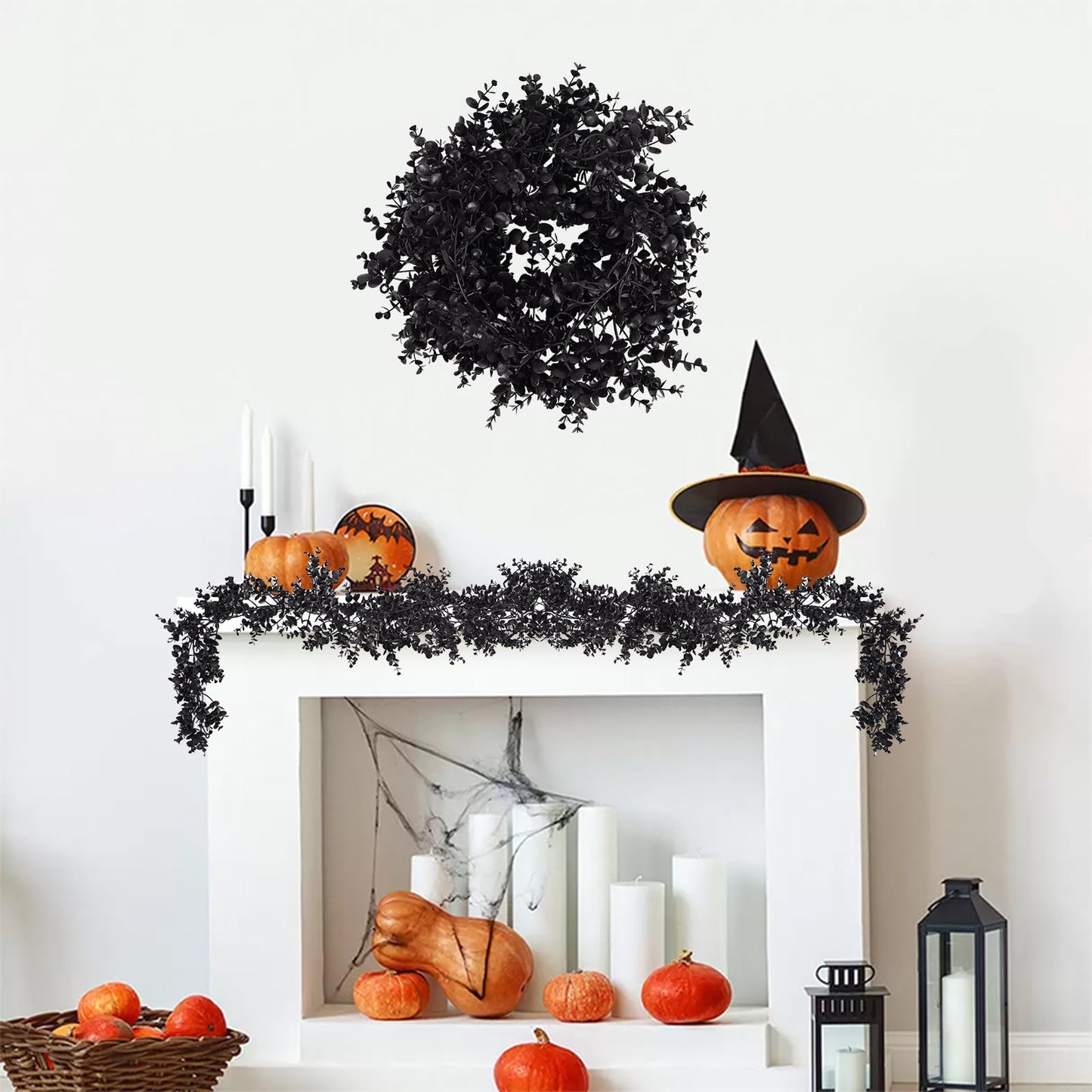ZeKonan Black Artificial Flowers Eucalyptus Garlands Halloween Garland Black Leaf Garland with Flowers Fake Floral Greenery for Halloween Party Decor Home Backdrop Wall Fall Decor