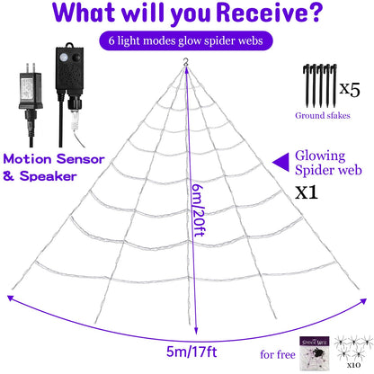 [Motion Activated Lighting&Speaking] 20 * 17FT Halloween Spider Web 150 Led Purple&Orange Lights Light Up Lighted Triangular Giant Waterproof with 200sqft Cobweb for Outdoor Decor Yard Decoration