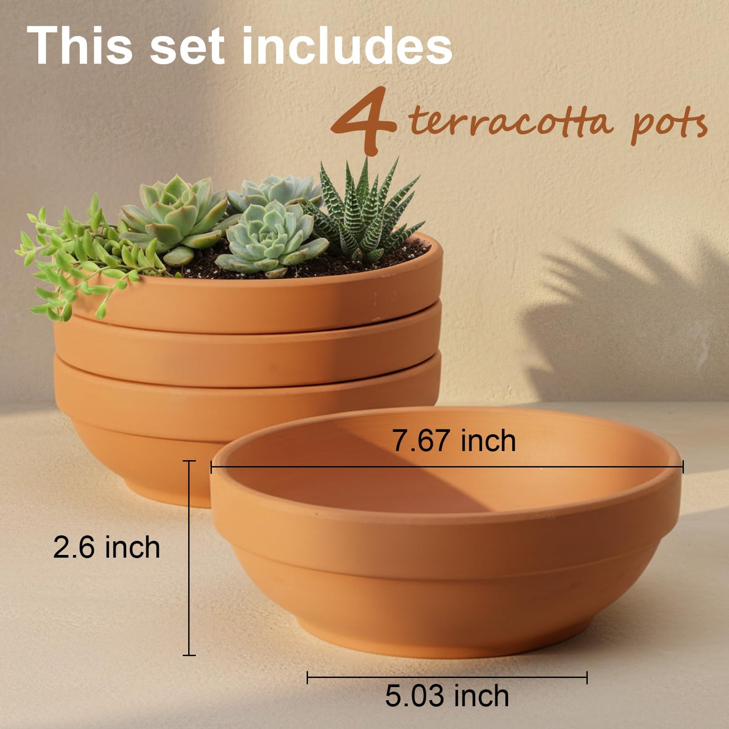 Laerjin Clay Pots for Plants with Drainage Hole, 4 Pack Large Terra Cotta Plant Pot, 7.67 Inch Terracotta Pot Ceramic Pottery Planter Cactus Flower Pots