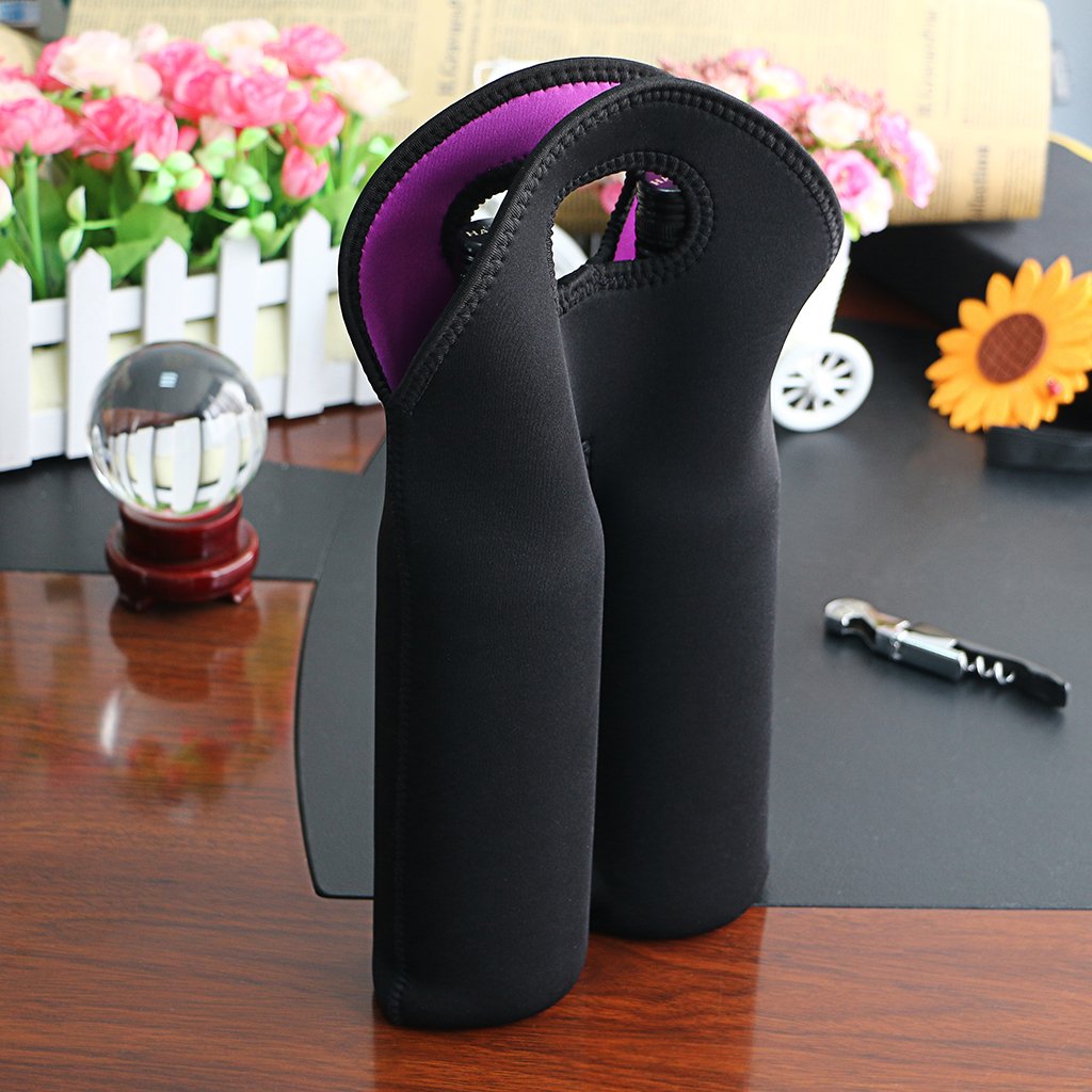 Hipiwe Set of 2 - Insulated Neoprene Wine Carrier Tote Bag + 6 Pack Beer Water Can Carrier Tote Bottle Holder Bottle Cooler Bag - Perfect for Travel with Secure Carry Handle