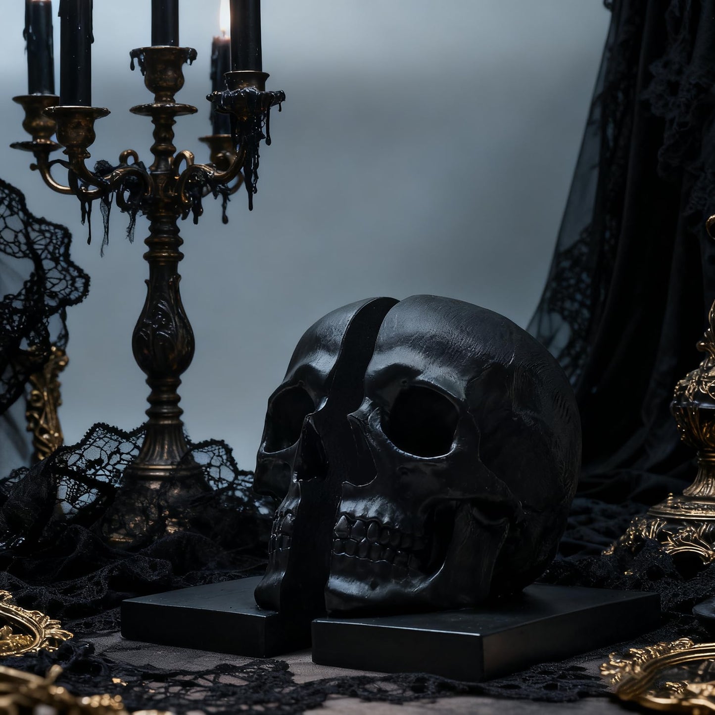 LuckyVin Black Skull Head Skeleton Decorative Statue Unique Design Split Resin Sculpture Home Decoration Gothic Art Piece Halloween Decor (Black)