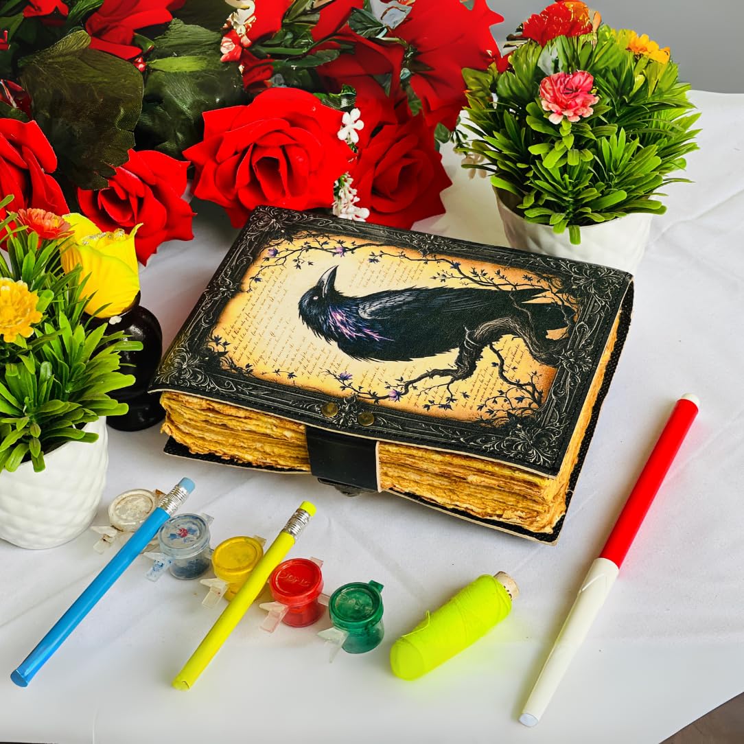 Goth Gifts Raven Crow Leather Journal for Men & Women With Lock, 200 Witchcraft Supplies Books Witchy gifts for women black Grimoire Journal Spell Book Leather Bound Notebook Diary For Halloween 7 X 5