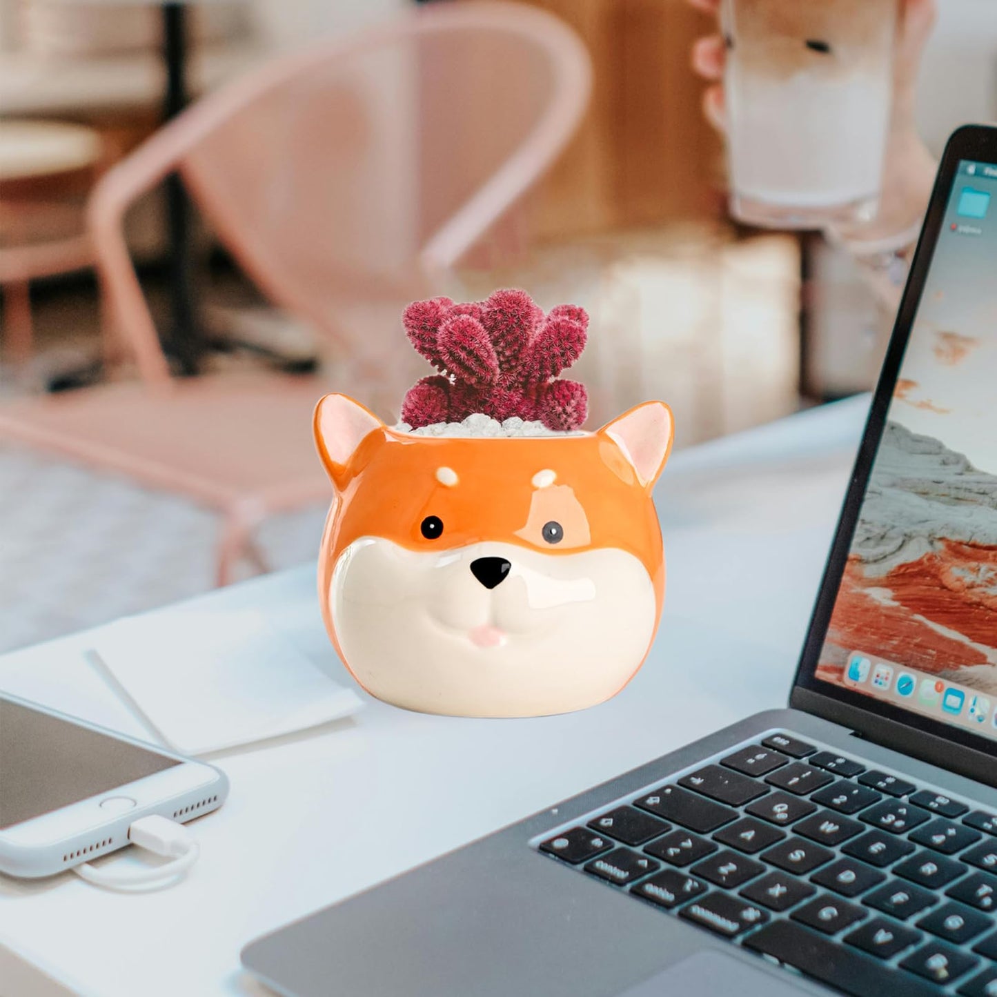 DIYOMR Cute Pet Dog Ceramic Planter Small Succulent Pot Cartoon Shaped Plant Pot for Mini Plants Flower Cactus, Smooth Shiny Ceramic - Plants Not Included (Akita)