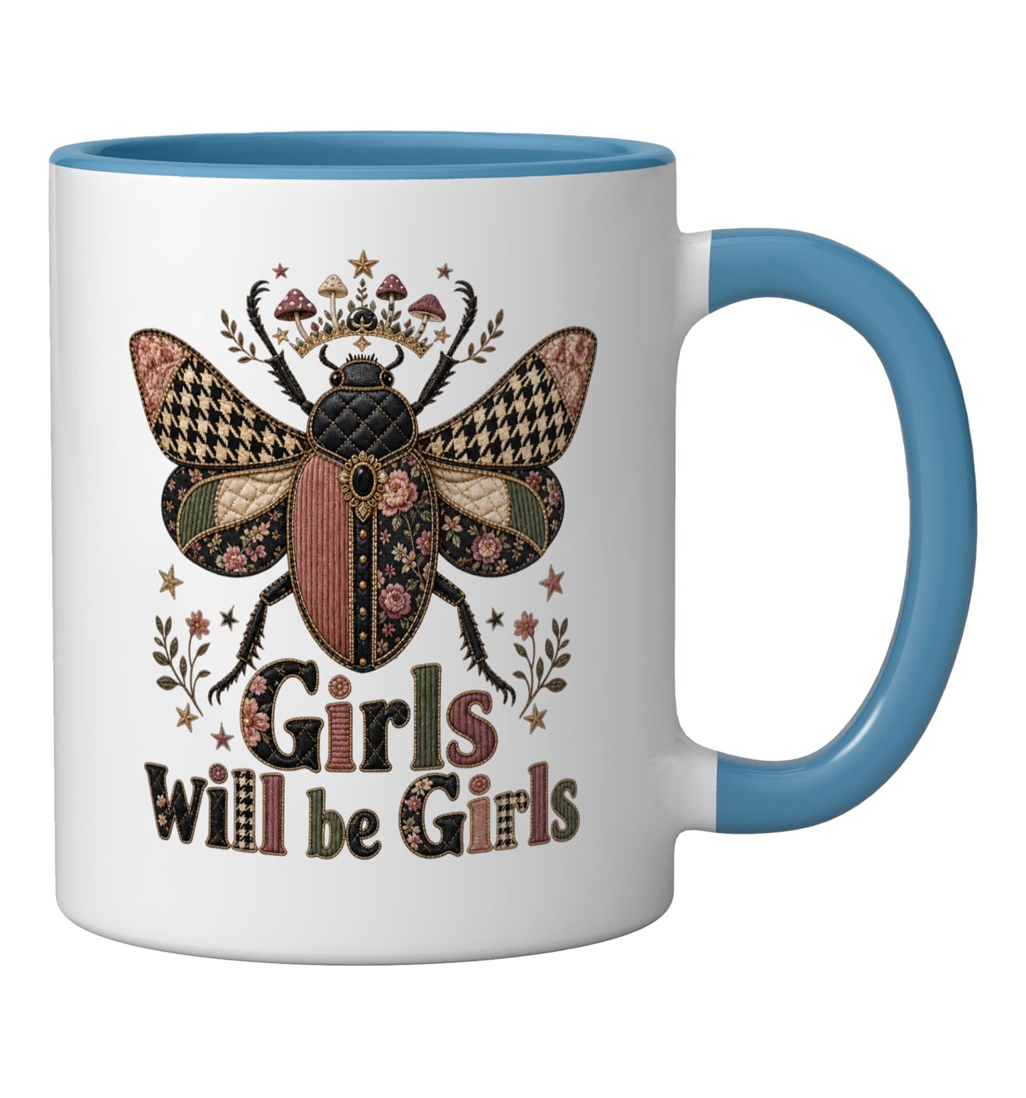 Halloween Cute Beetle Girls Mushrooms Vintage Ceramic Mug, Blue/White