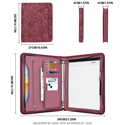 Leathario Portfolio Binder, Includes 5 Folder Index Dividers and 3 Notepads, 3-Ring Folder Organizer, Padfolio with Zipper, Vegan Leather Tablet Sleeve, Business Office Conference Clipboards