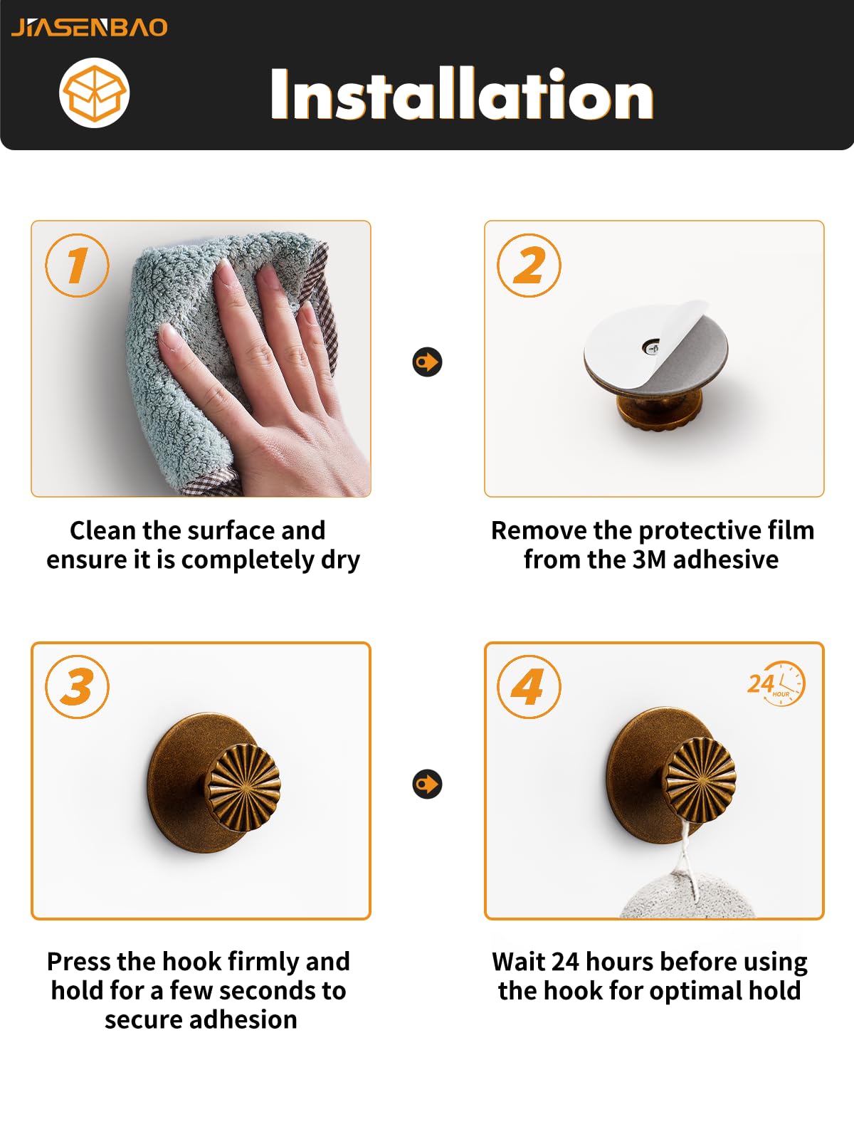 JIASENBAO 4 Pack Adhesive Coat Hooks for Bathrooms Antique Brass Wall Robe Towel Hooks for Hanging Kitchen Decorative Heavy Duty Zinc Alloy