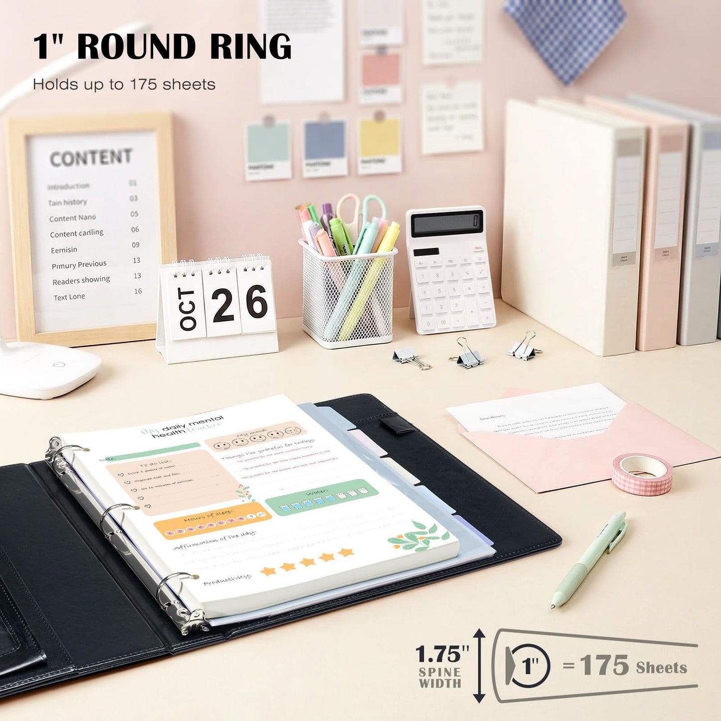 Ospelelf Leather 3 Ring Binder for Letter Size Documents with Pocketed Dividers, 1 Inch Round Rings, Holds 175 Sheets, Binders with Storage Bag & Notepad, for Office School Home Organization, Black