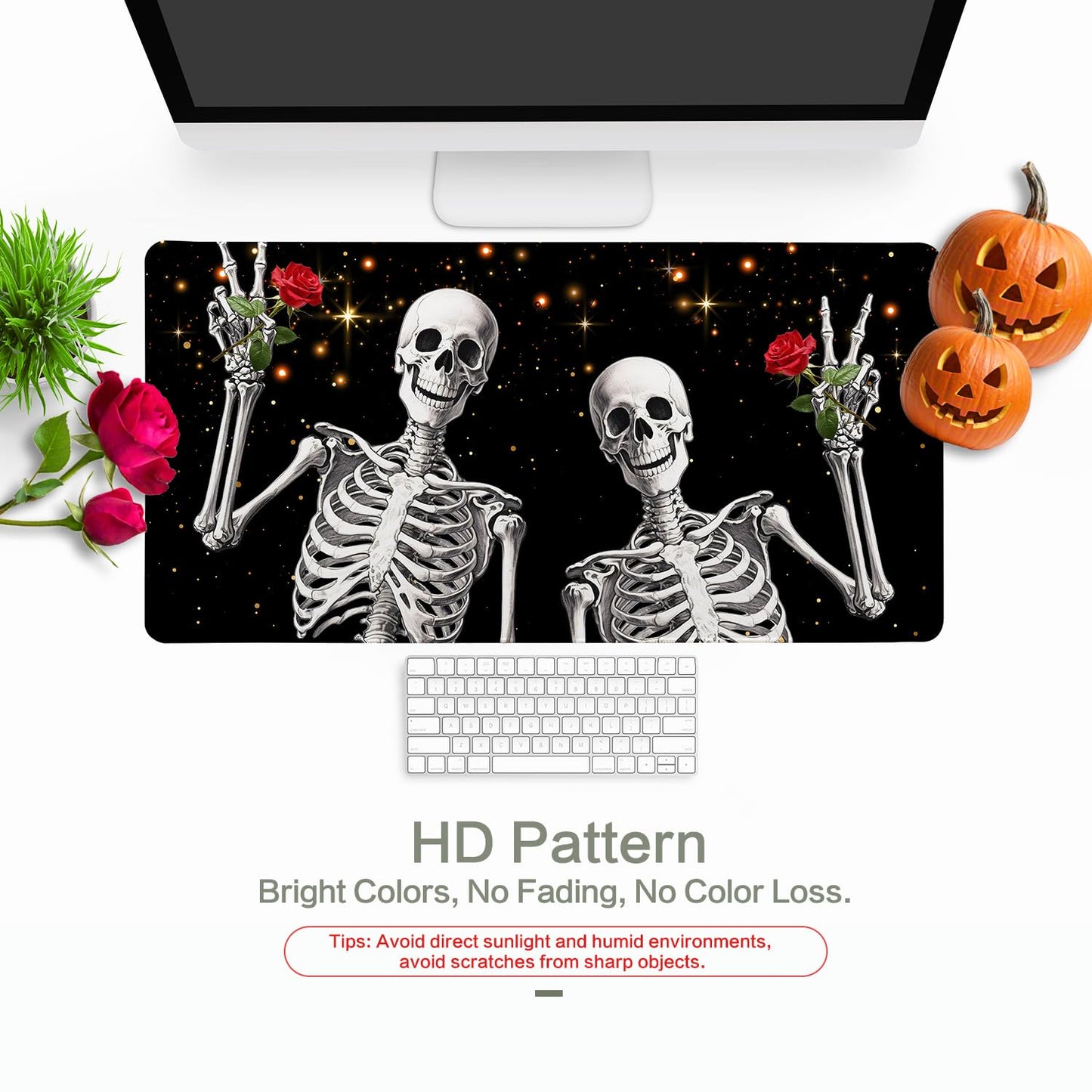 Love, Roses and Skulls Mouse Pad Desk Mat, Waterproof Black XXL Extended Large Gaming Mouse Pad Halloween Skull Rose Desk Pad Mousepad XXL Extended Keyboard Mat Mouse Mat, 31.5 x 15.7 in