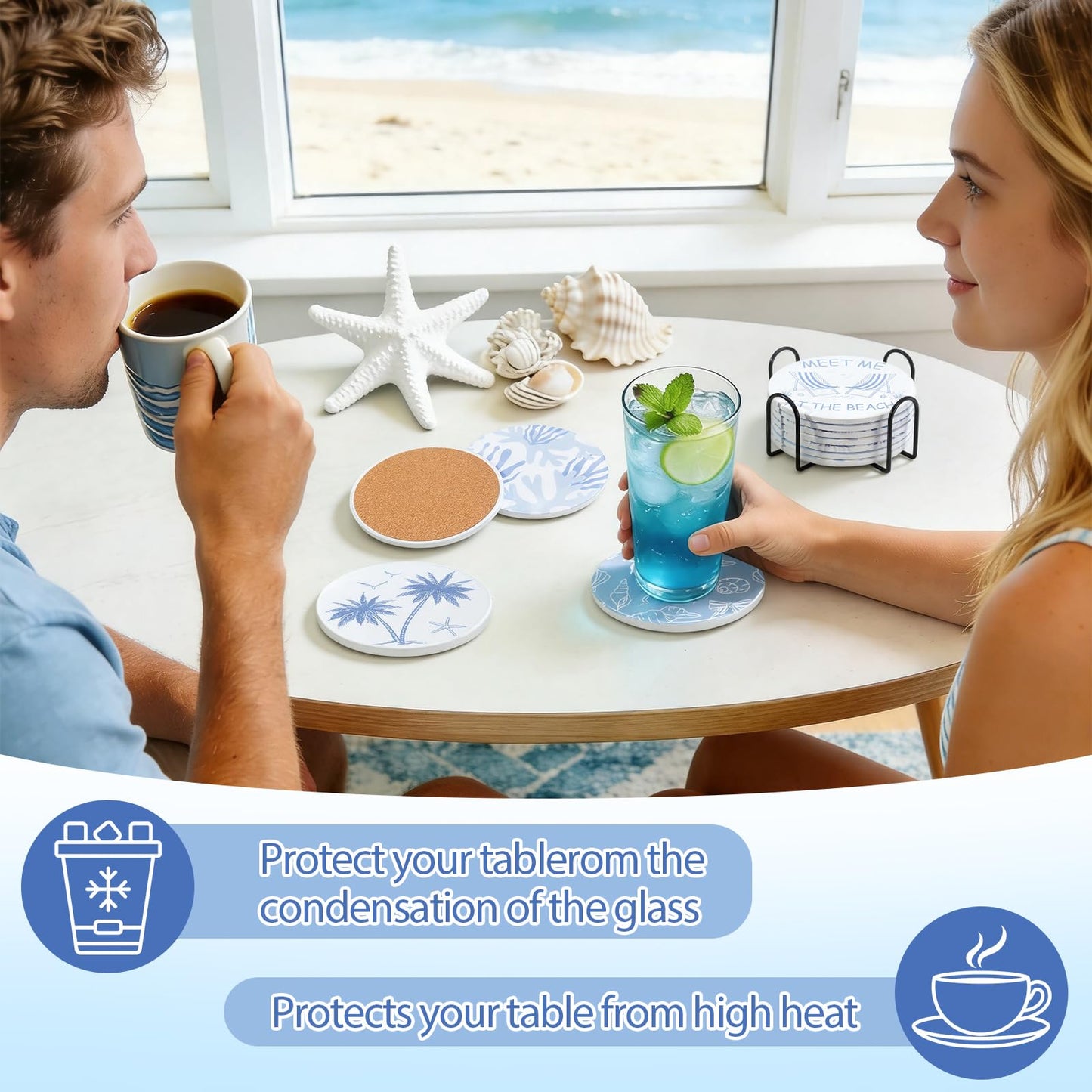 Rtteri Coastal Coasters for Drinks Set of 8 Blue Ocean Beach Starfish Shells Absorbent Ceramic Coaster with Cork Base and Metal Holder for Coastal Coffee Table Beach House Decoration Housewarming Gift