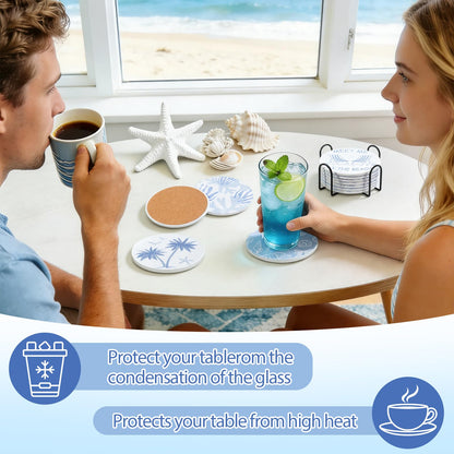 Rtteri Coastal Coasters for Drinks Set of 8 Blue Ocean Beach Starfish Shells Absorbent Ceramic Coaster with Cork Base and Metal Holder for Coastal Coffee Table Beach House Decoration Housewarming Gift
