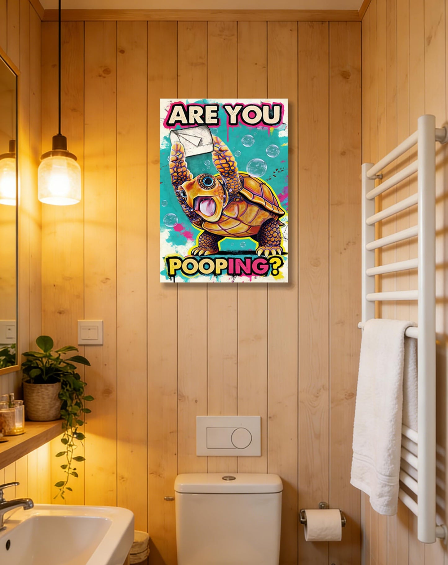 Funny Turtle Bathroom Wall Art Painting, Are You Pooping? Graffiti Humor Canvas Print, Teal Pop Art Bathroom Poster Decor, 16x24 Inch Framed Wall Picture for Bathroom Restroom Toilet Washroom