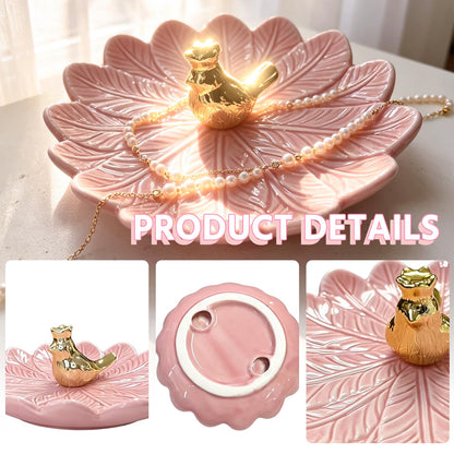 ONEPEACE Golden Bird Ceramic Ring Holder Dish for Women, Decorative Jewelry Tray Trinket Dish for Rings Earrings Necklace Organizer, Engagement Wedding Ring Holder, Christmas Birthday Gifts (Pink)