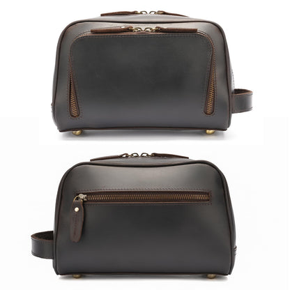 Polare Vintage Full Grain Leather Handmade Travel Toiletry Bag for Men - Dopp Kit - Shaving Kit with YKK Metal Zippers A-Dark Brown