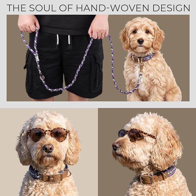 Tirevt Hand-Woven Dog Collar and Leash Set:Color-Block Design, Premium Reinforced Buckle, Adjustable Artisan Paracord for Puppies, Small, Medium & Large Dogs (Purple, XS)
