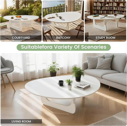 Solid Wood Triangle Coffee Table,Unique Mid Century Modern Oval Coffee Table,Irregular Geometric Tea Tables for Home Living Room with Wooden Tabletop and Reinforced Legs White 50" L x 31" W x 16" H