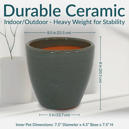 Sunnydaze Resort Round Ceramic Planter - Set of 2 Indoor or Outdoor Plant Pots with Drainage Hole - 8" - Gray Glaze