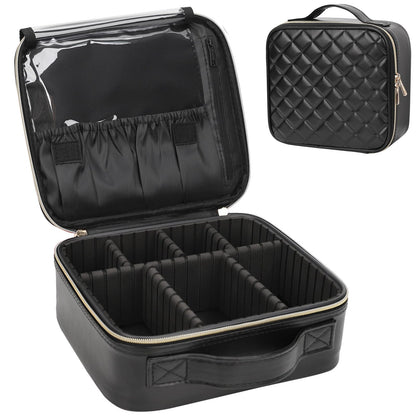 Relavel Makeup Bag, Travel Cosmetic Train Case Organizer Portable Artist Storage Bag with Adjustable Dividers for Cosmetics Makeup Brushes Toiletry Jewelry Digital Accessories Quilted Leather Black