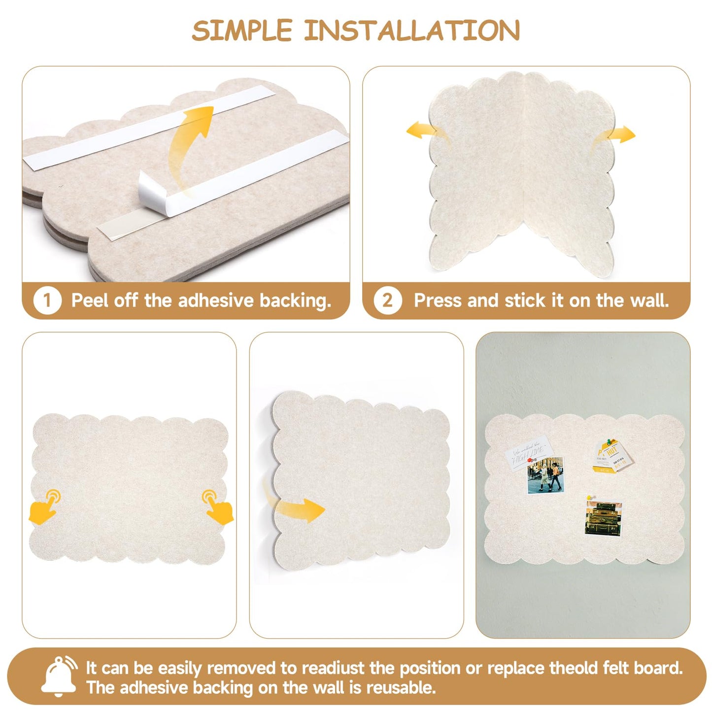 Scalloped Felt Bulletin Board 24" x 18" Cork Board Alternative,Decorative Felt Pin Board Foldable Cork Boards for Walls Self-Adhesive Cork Board for Home Office Classroom Pin Board (Oatmeal) 2pack