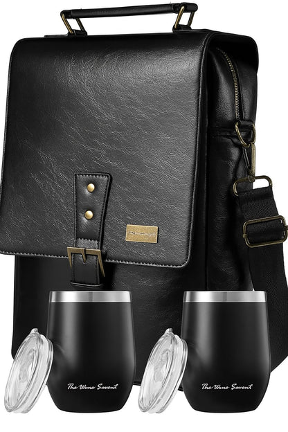 2 Bottle Insulated Wine Tote Bag with Tumblers, Leather Carrier Purse with Dividers, Leakproof Cooler, Adjustable Shoulder Strap & Pockets, Travel, Picnic, Beach, Hiking, Gift for Men & Women