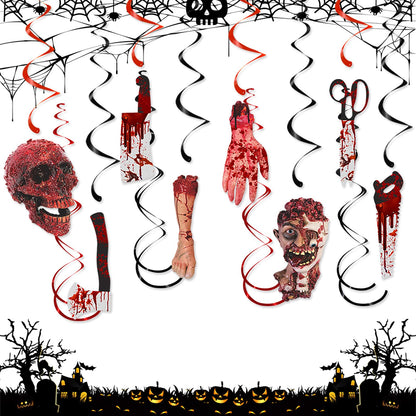 Halloween Bloody-Scary Indoor-Outdoor Party-Decoration Garland - 12pcs Creepy Skulls Zombie Skeleton Haunted House Swirl Streamers Banner,Window Fireplace Classroom Hanging Decor Lasting Surprise