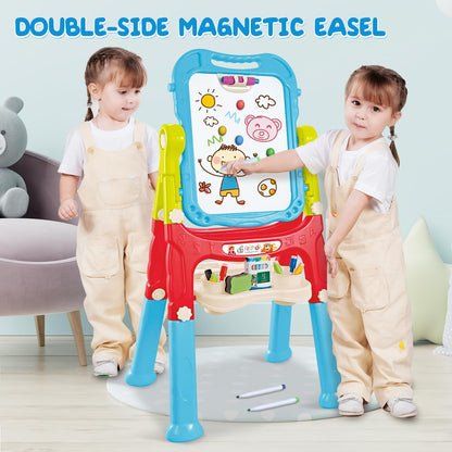 Toddler Art Easel for Kids, Double-Sided Magnetic Whiteboard & Chalkboard with Painting Accessories, Rotatable Easel Toy Gift for Boys and Girls