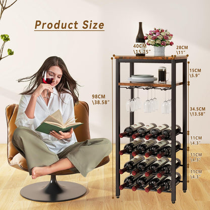 IBUYKE Wine Racks Freestanding Floor,Liquor Bottle Holder,16 Bottles Wine Cabinet with Glass Holder,Wine Holder Display,Mini Wine Bar Table for Living Room,Kitchen Pantry,Dining Room,Brown UTMJ907H
