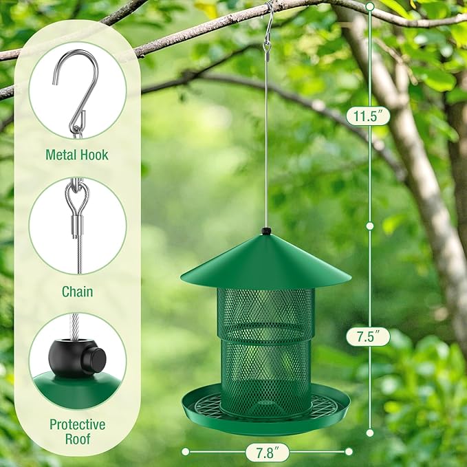 Bird Feeder for Outdoor Hanging, No Mess No Spill Birdfeeder for Outdoor, Squirrel Proof Bird Feeder w/Catch Tray - Large Capacity All-Metal for Outside Hanging to Attracting Birds, Green