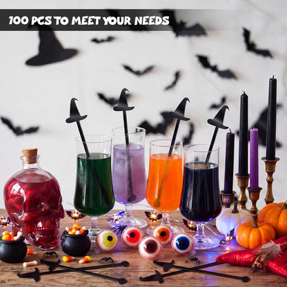 LemonRoad 100 Pcs Witch Party Supplies Swizzle Sticks Black Plastic Coffee and Cocktail Stirrers 5.9 Inch Reusable Black Witch Hat Cocktail Mixers Bulk for Bar Weddings Events Halloween (Classic)