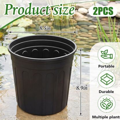 RimCereal 2 Pack 2 Gallon Aquatic Plant Pots 9 Inch Pond Pot Plastic Water Lily Pot Round Plastic Planter for Outdoor Ponds Terrific Aquatic Soil Great Water Lilies Lotus and Other Pond Plants,Black