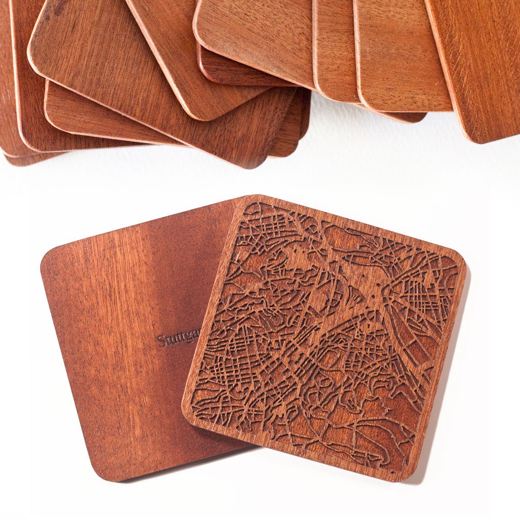 Stuttgart Map Coaster by O3 Design Studio, Set Of 4, Sapele Wooden Coaster With City Map, Handmade