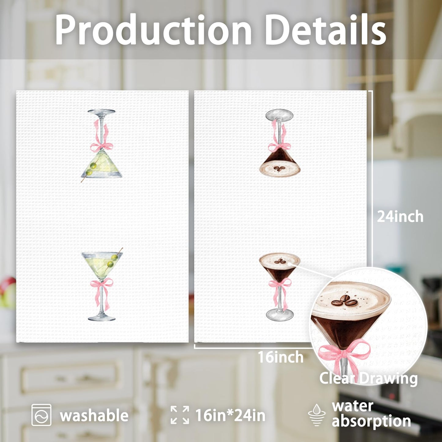 OINDADE Martini Decor Kitchen Towels Set of 2, Gifts for Martini Lovers Hand Towels, Pink Bow EspressoMartini Dish Tea Towel for Kitchen Home Bar, Coquette EspressoMartini Bar Cart Decor, 16x24In