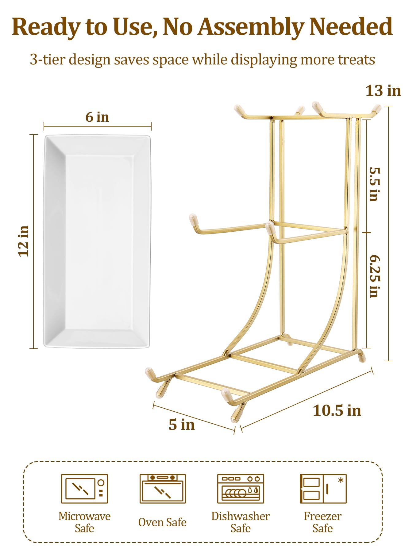 Yedio 3 Tier Serving Tray Set – 12 Inch Porcelain Serving Platters with Pre-Assembled Gold Metal Stand, No Installation Required, Tiered Tray for Dessert Fruit Food Display and Party Entertaining