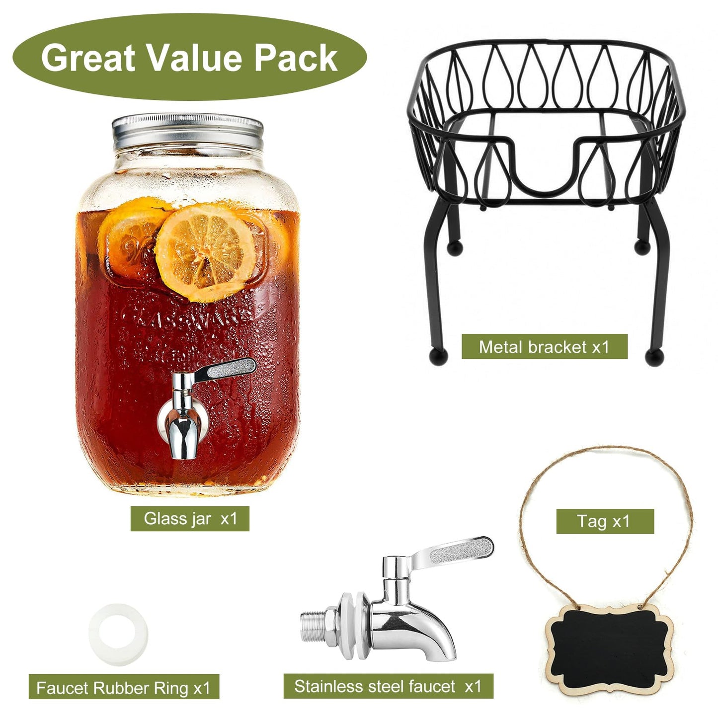 2 Gallon Beverage Dispenser with Stand and Lid, 18/8 Stainless Steel Spigot - Mason Jar Drink Dispensers with Lids, Glass Drink Dispensers for Parties