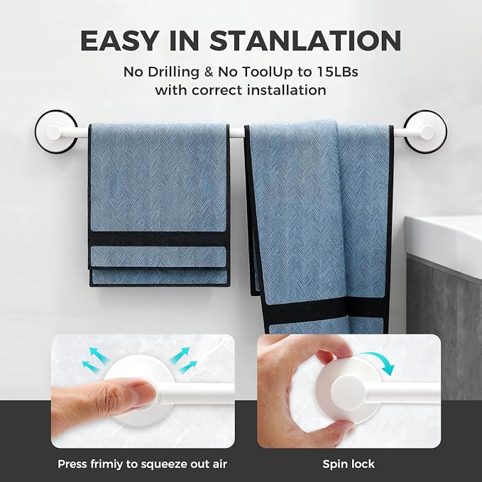 Adjustable Suction Cup Towel Bar for Bathroom Wall,14.6Inch~24 Inch Towel Racks for Bathroom,Stainless Steel Bath Towel Holder for Shower(Matte White)