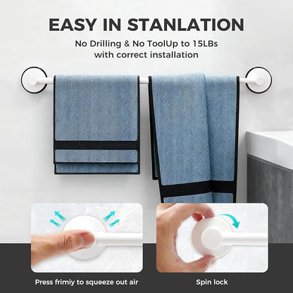 Adjustable Suction Cup Towel Bar for Bathroom Wall,14.6Inch~24 Inch Towel Racks for Bathroom,Stainless Steel Bath Towel Holder for Shower(Matte White)