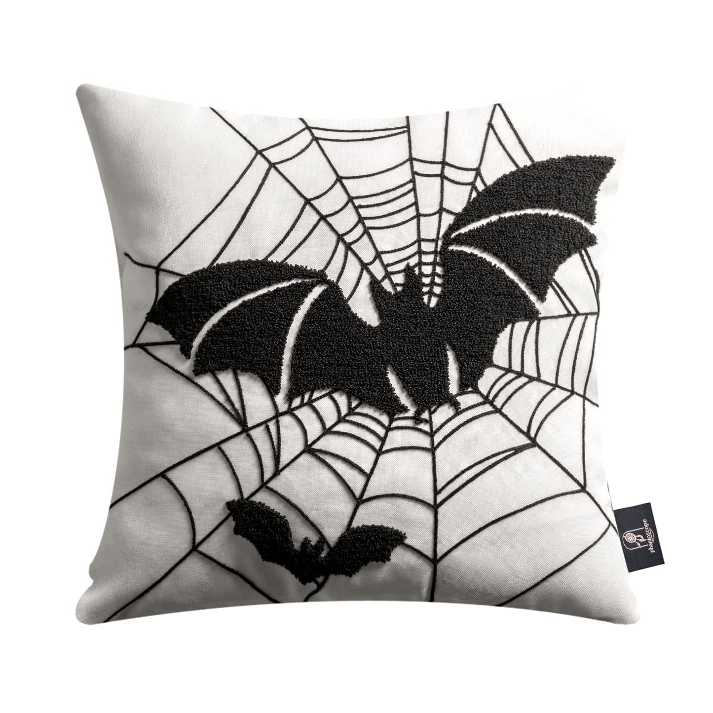 Phantoscope Set of 4 Happy Halloween Decorative Throw Pillow Covers, Handcrafted Embroidery Spider Web Black Bats and Cute Ghost Pillowcase Cushion Cover, Black and White, 18 x 18 inch, 45 x 45 cm