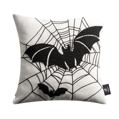 Phantoscope Set of 4 Happy Halloween Decorative Throw Pillow Covers, Handcrafted Embroidery Spider Web Black Bats and Cute Ghost Pillowcase Cushion Cover, Black and White, 18 x 18 inch, 45 x 45 cm