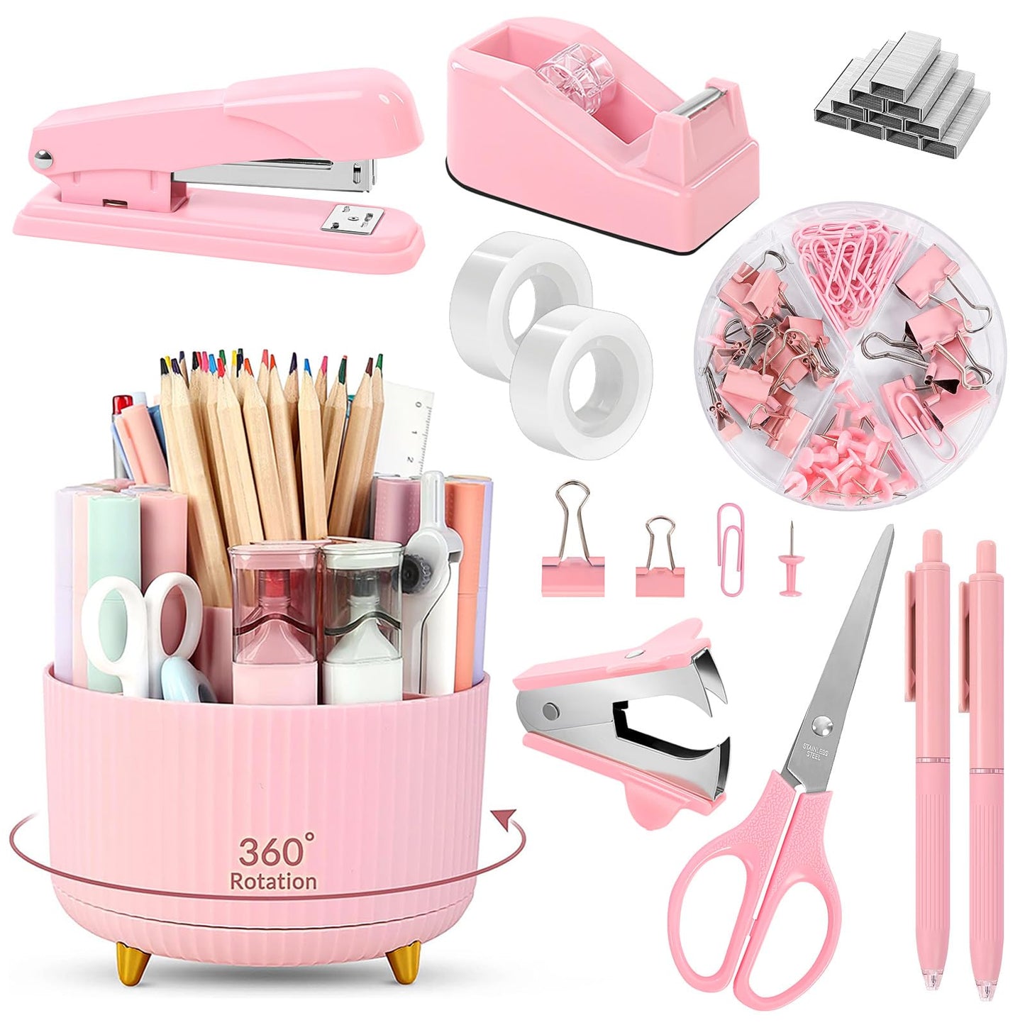 SKYDUE Pink Desk Accessories 10Pcs, Rotating Pen Holder for Desk, Stapler, Staple Remover, Tape Dispenser,2pcs Tape Refills, Binder Paper Clips Kit, Scissor,Pink Office School Supplies