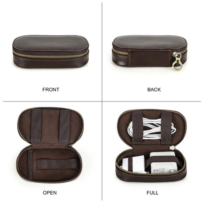 Hiram Handmade Full Grain Oil Bead Leather Tech Pouch – Digital Accessories Travel Case Portable Tech Organizer with Elastic Straps for USB Cables for Business Travel & EDC