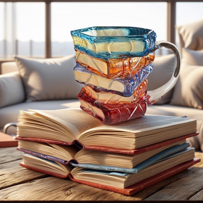 OTTNSA 3D Painted Book Stack Glass Coffee Mug, 12 oz Colorful Heat-Resistant Cup, Christmas & Holiday Gifts for Books Lovers, Readers, Writers, Librarians, Book Club and Bookworm Fans