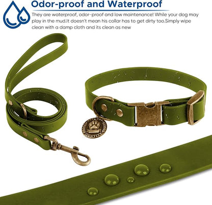 Wisedog Waterproof Dog Collar and Leash Set, M, Green | Adjustable Puppy Collar, Cute Tag, 5FT Leash, Includes Poop Bag, For Small Medium Large Dogs