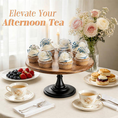 NUPTIO Cake Stand Cupcake Display: Wedding Cup Cake Pedestal Stands Round Acacia Wood Dessert Riser Cookie Serving Tray Vintage Pie Plate Holder Farmhouse Halloween Christmas 11.81 Inch/30cm