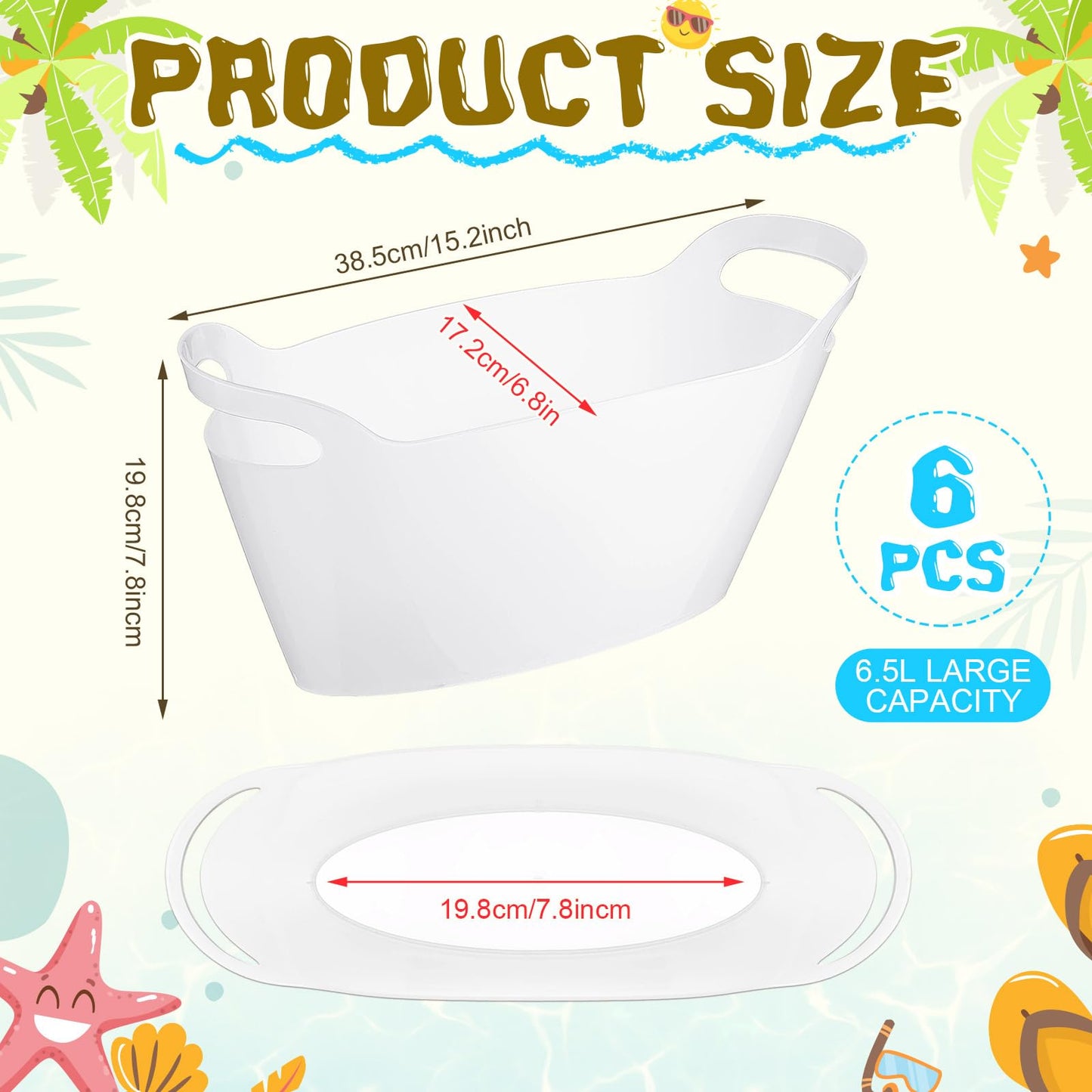 meekoo 6 Pack 6l Ice Bucket for Parties, Plastic Beverage Tub with Handles, Portable Ice Drink Bucket for Wine, Champagne, Beer, Cocktail, Large Drink Chiller for Wedding, Bar, Picnic, Pool(Clear)