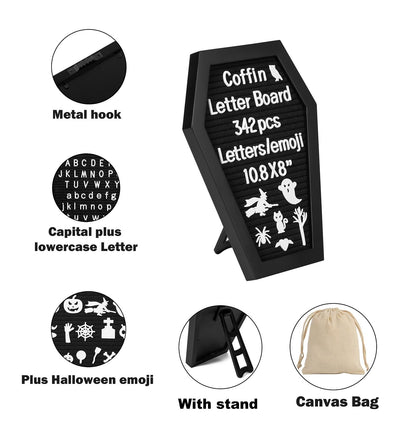 G GAMIT Coffin Felt Letter Board with 342 Changeable Letters&Numbers, 10.8”x8” Spooky Letterboard Gothic Message Board Letter Sign Board with Stand and Canvas bag for Halloween Party Christmas